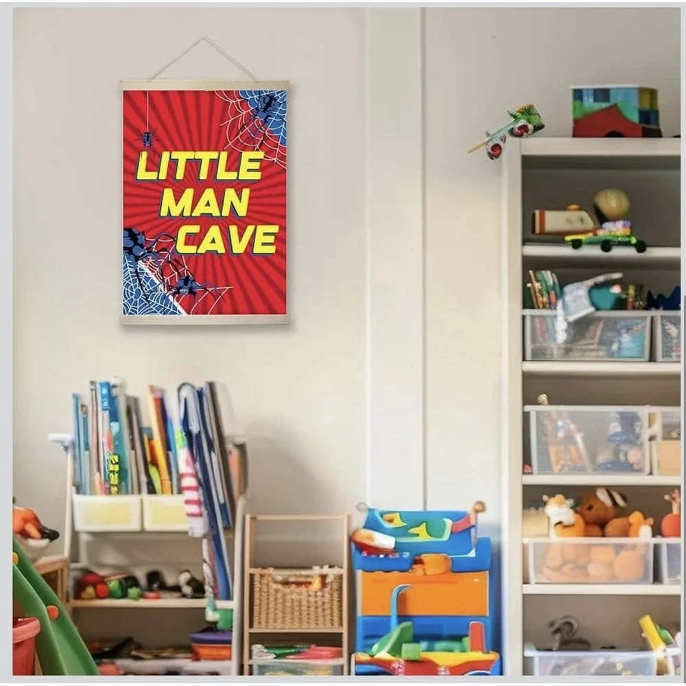 Spider Little Man Cave Sign Hanging Wall Flags Canvas Banner 12x16 Inch